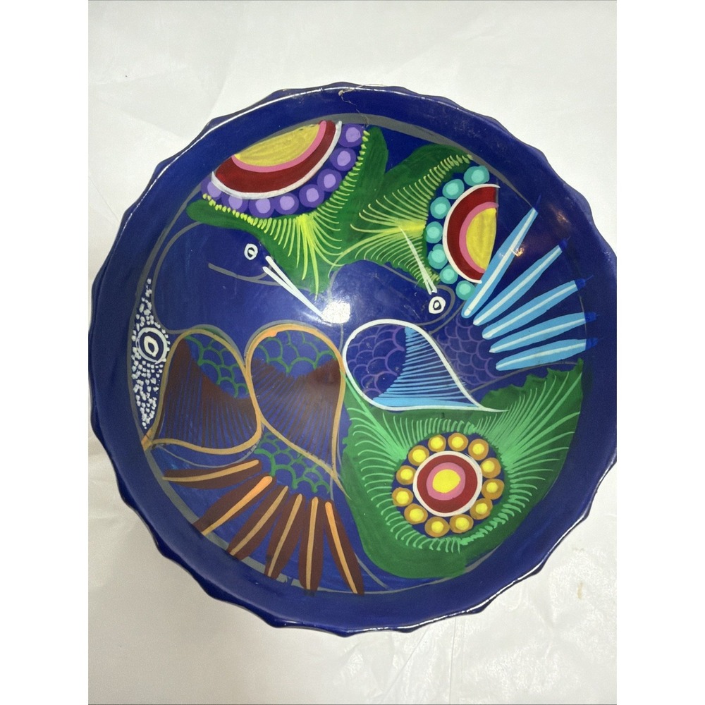 VNTG Mexican Talavera 3 Footed 5.5" Centerpiece Bowl Blue Peacock